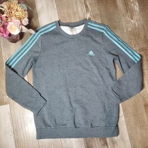 Adidas Essentials Women's 3-Stripe Gray/Blue Crewneck Sweatshirt Fleece NWOT